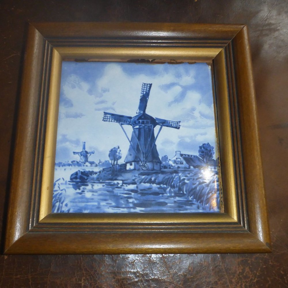 Vintage Small Framed Ceramic Windmill Tile - Made in Germany
